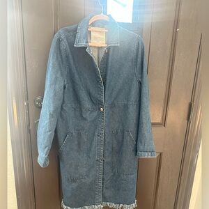 Long Blue button up Denim Jacket with frayed trim